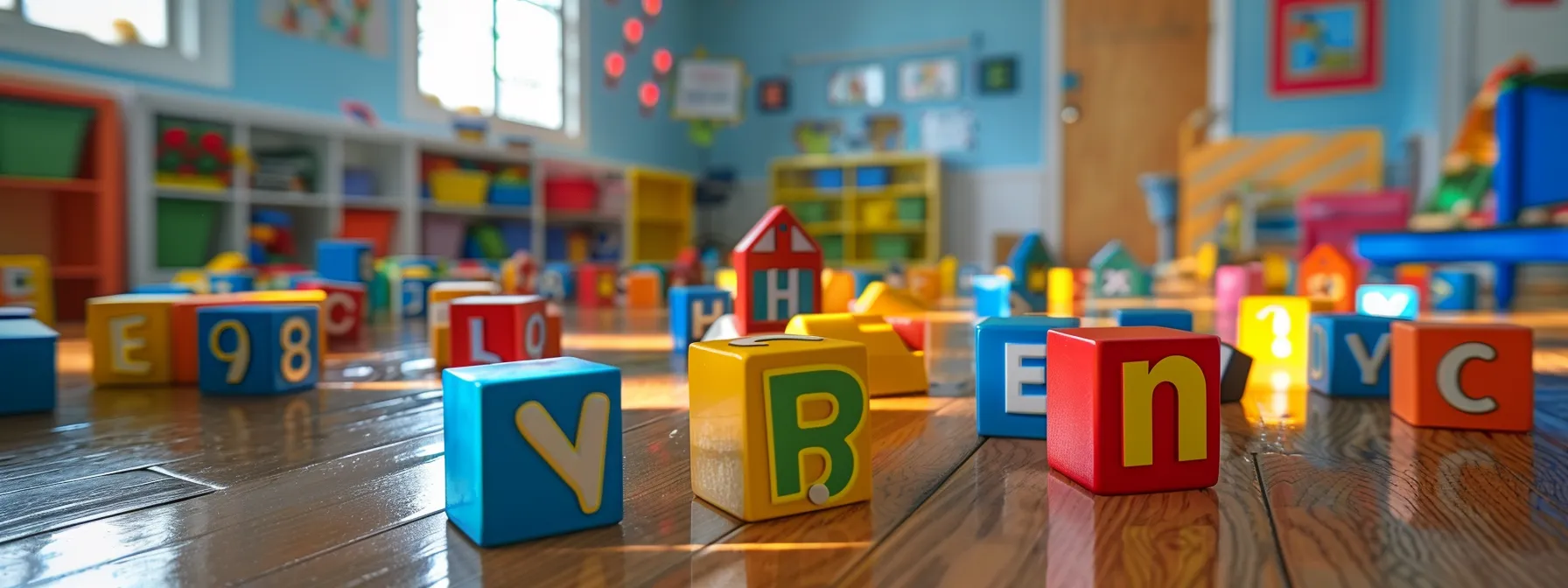 brightly colored alphabet blocks scattered on a classroom floor in an orlando daycare setting.