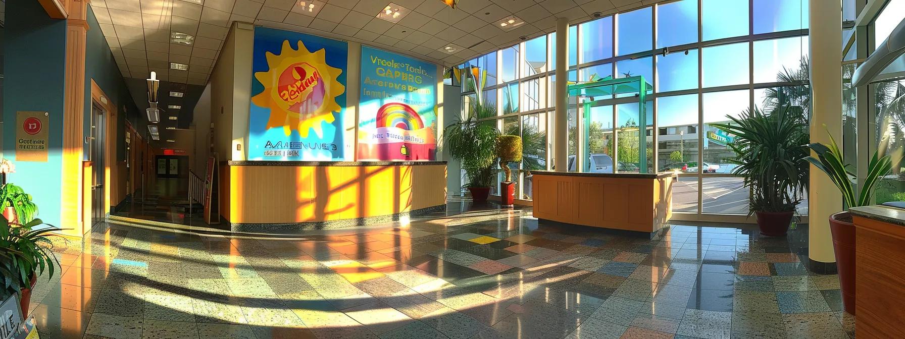 a vibrant, welcoming reception area of a law office in orlando, featuring bright natural light illuminating a banner announcing vpk registration, with cheerful colors and inviting decor that accentuates the importance of early education.