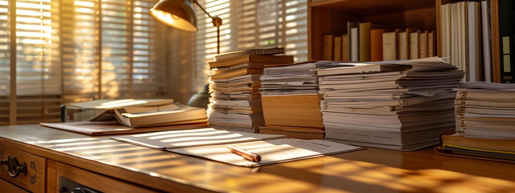 a neatly organized collection of essential documents rests on a polished wooden desk in a law office, illuminated by soft, natural light streaming through a nearby window, symbolizing the importance of preparation for orlando vpk enrollment.