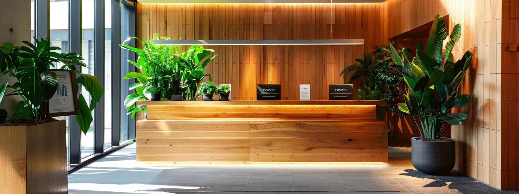 a sleek, modern law office bathed in warm natural light, featuring a large wooden desk prominently displaying an open enrollment guide, with vibrant plants enhancing the inviting atmosphere.