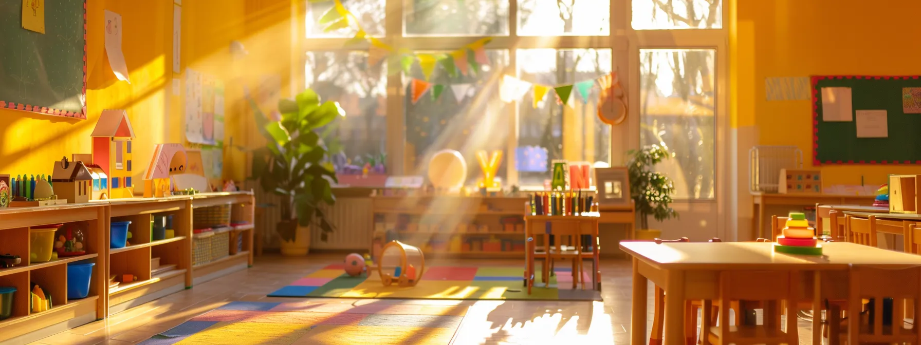 a vibrant preschool classroom filled with cheerful, colorful decorations and playful educational toys, illuminated by warm, soft sunlight streaming through large windows.