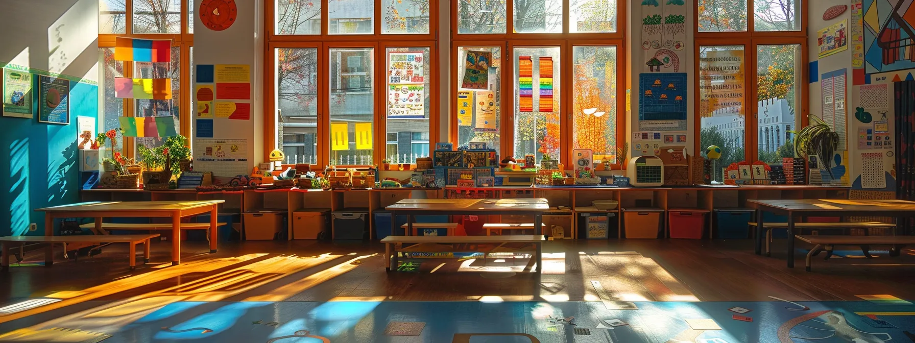 a vibrant and colorful preschool classroom brimming with playful decorations, bright educational posters, and an inviting arrangement of cheerful learning stations illuminated by warm, soft sunlight streaming through large windows.