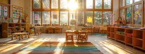 a vibrant preschool classroom filled with colorful learning materials, soft rugs, and cheerful artwork, basking in warm sunlight that streams through large windows, creating an inviting and joyful atmosphere.
