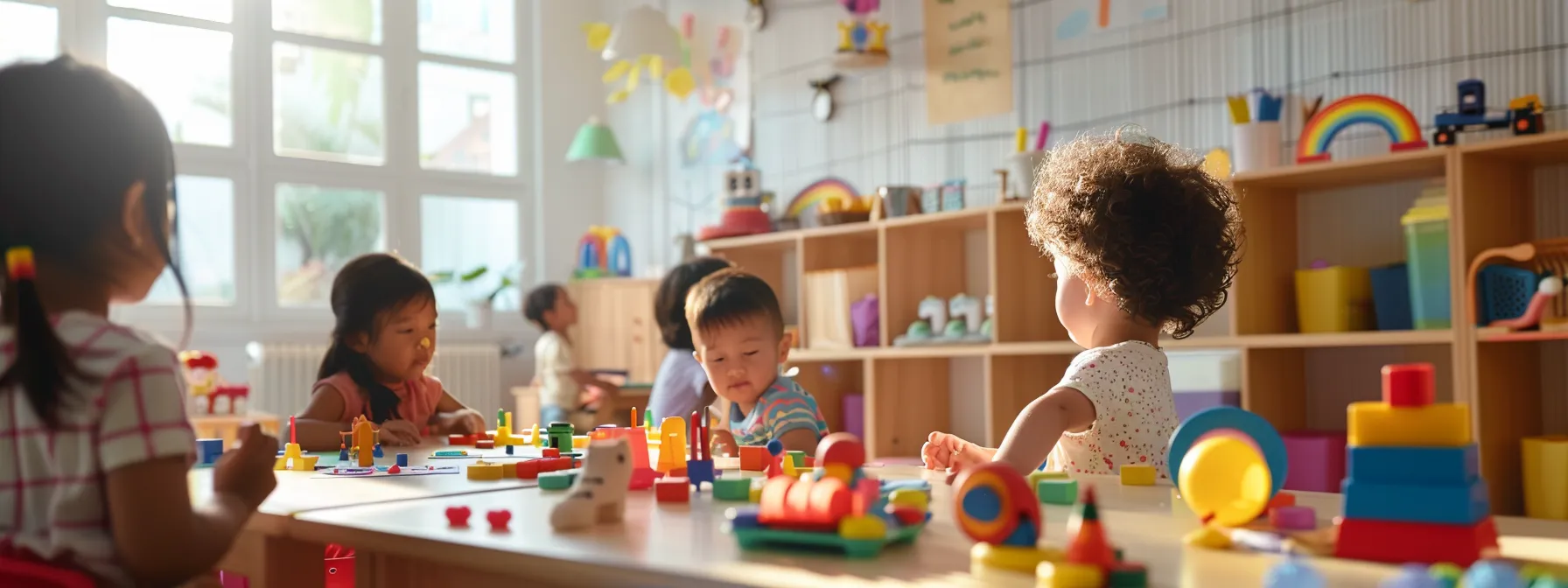 a vibrant, engaging preschool classroom filled with colorful learning materials and cheerful children interacting with educational toys, showcasing the lively atmosphere of a private vpk environment.